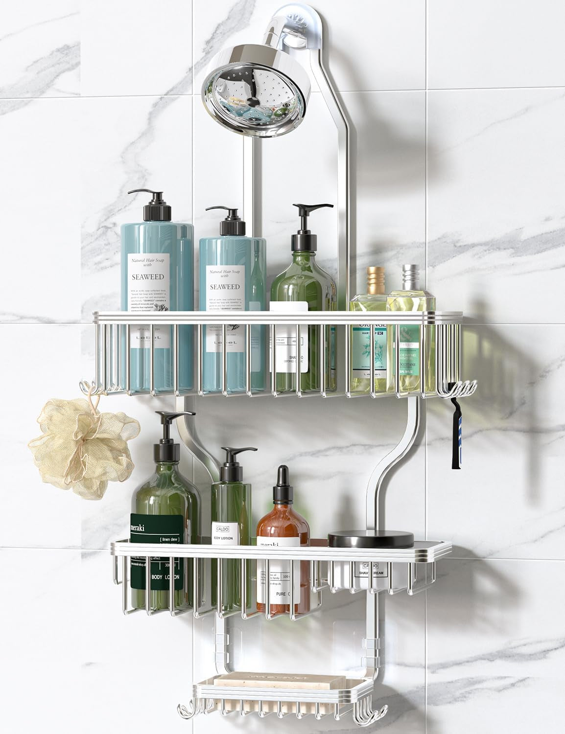 Shower Caddy Hanging - Never Rust Shower Organizer - Aluminum over the Head Caddy with 10 Hooks for Razor/Sponge - Rack with Soap Basket - Silver