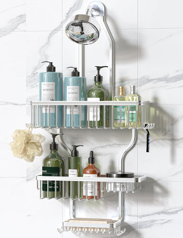 Shower Caddy Hanging - Never Rust Shower Organizer - Aluminum over the Head Caddy with 10 Hooks for Razor/Sponge - Rack with Soap Basket - Silver