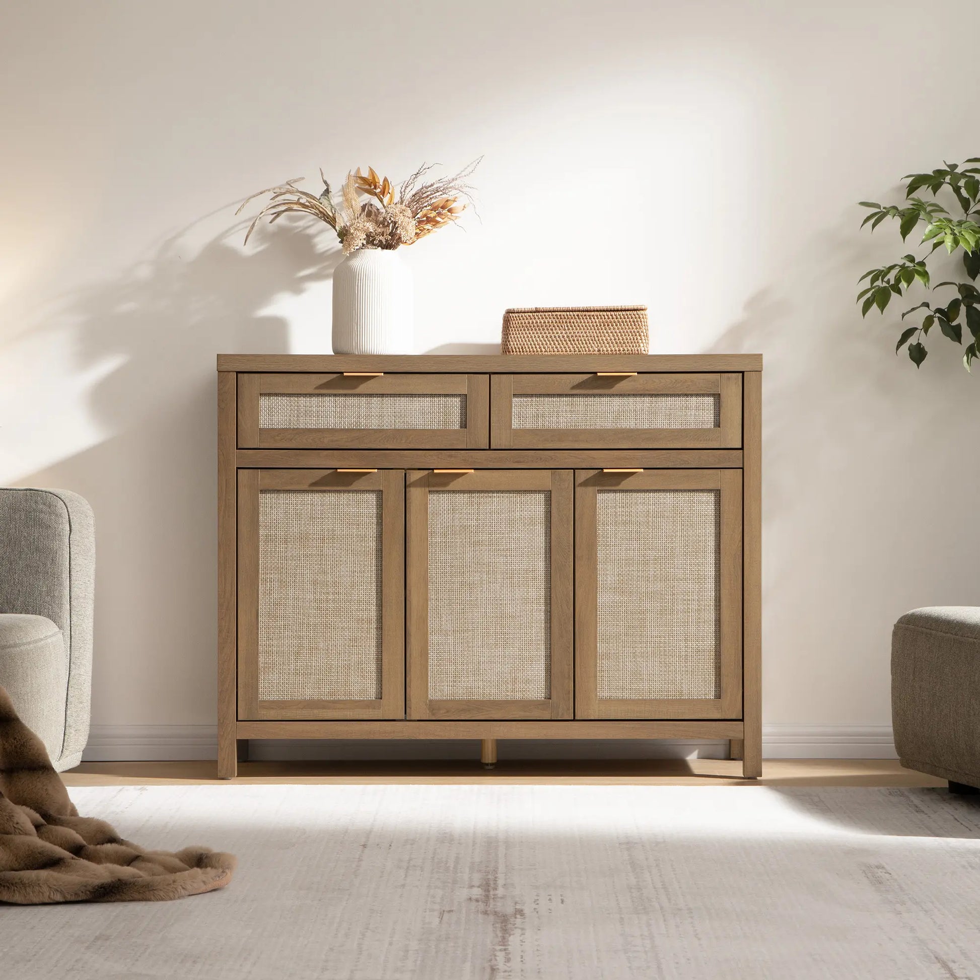 SICOTAS Rattan Sideboard Buffet Cabinet - Boho Farmhouse Credenza with 3 Doors and 2 Drawers, Storage Console Cabinet for Kitchen, Living Room, Entryway, Coffee Bar and Home Decor,Dorm Essentials