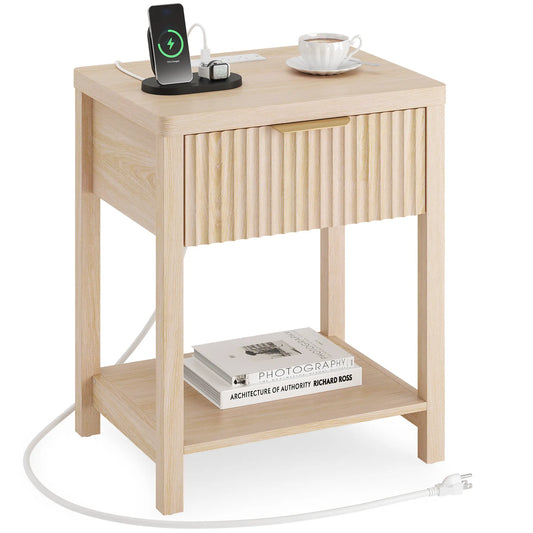 Aowos Fluted Nightstand, Bedside Tables with Charging Station, Boho Side Tables with Drawer & Open Compartment for Bedroom Wooden Tabletop, Bedside Cabinet with USB Ports, Nightstand with Storage, Apartment Nightstand, Kids Bedside Table Tiktokshopspringg