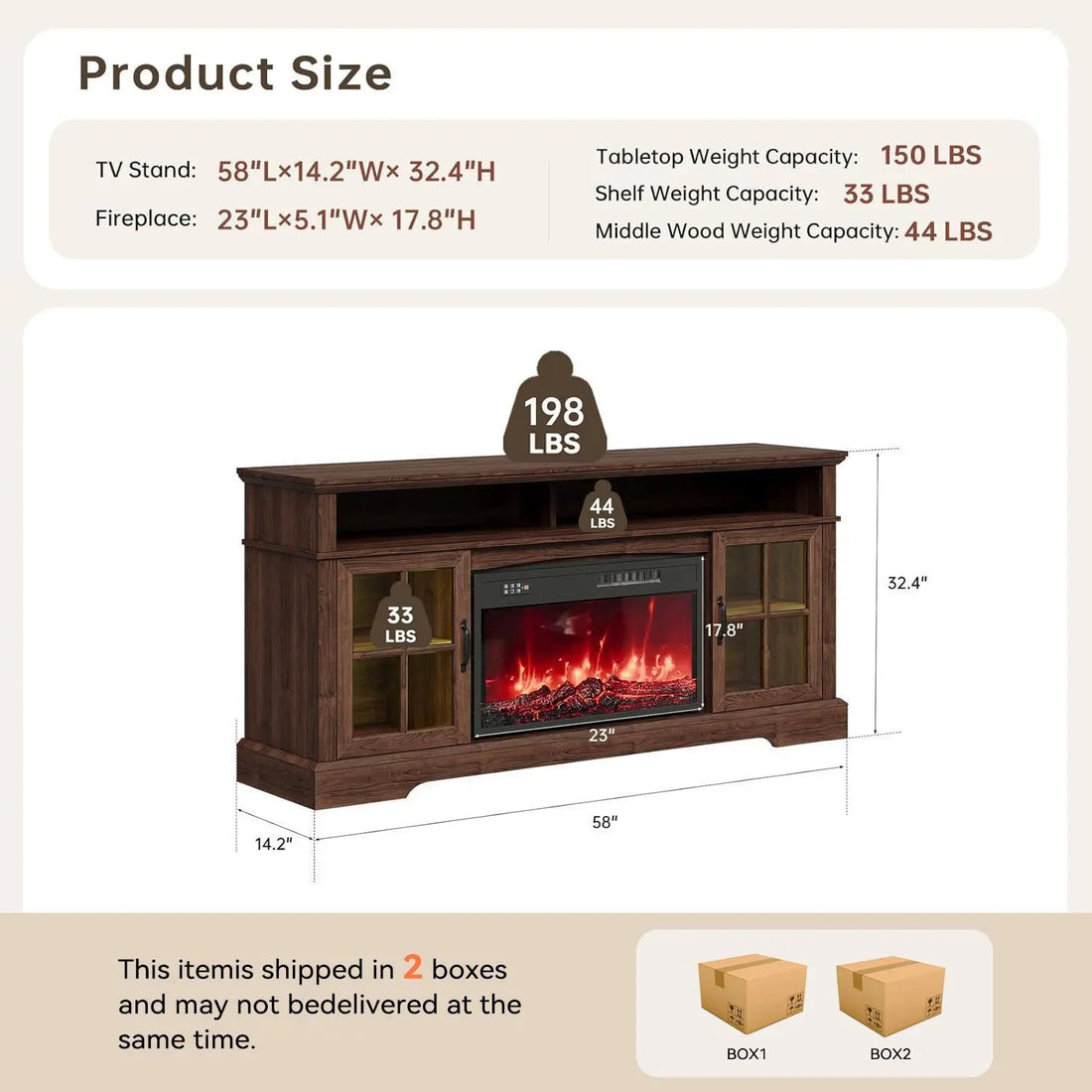 Fireplace TV Stand, Modern Entertainment Center for Tvs up to 70", TV Console with Storage Cabinets & Electric Fireplace, Brown Media Console for Living Room