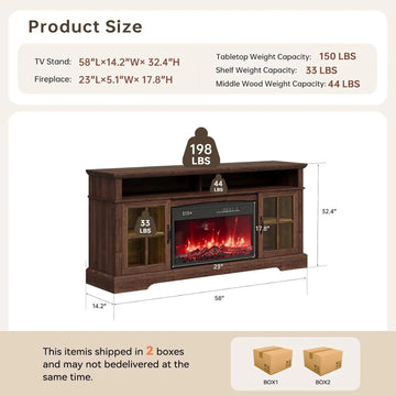 Fireplace TV Stand, Modern Entertainment Center for Tvs up to 70", TV Console with Storage Cabinets & Electric Fireplace, Brown Media Console for Living Room