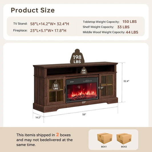 Fireplace TV Stand, Modern Entertainment Center for Tvs up to 70", TV Console with Storage Cabinets & Electric Fireplace, Brown Media Console for Living Room