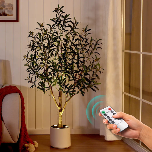 Verinatural 5FT Artificial Olive Tree with Remote LED Spotlights – Realistic Faux Olive Tree in White Planter for Indoor Home, Living Room, Bedroom & Office Decor (VN214)