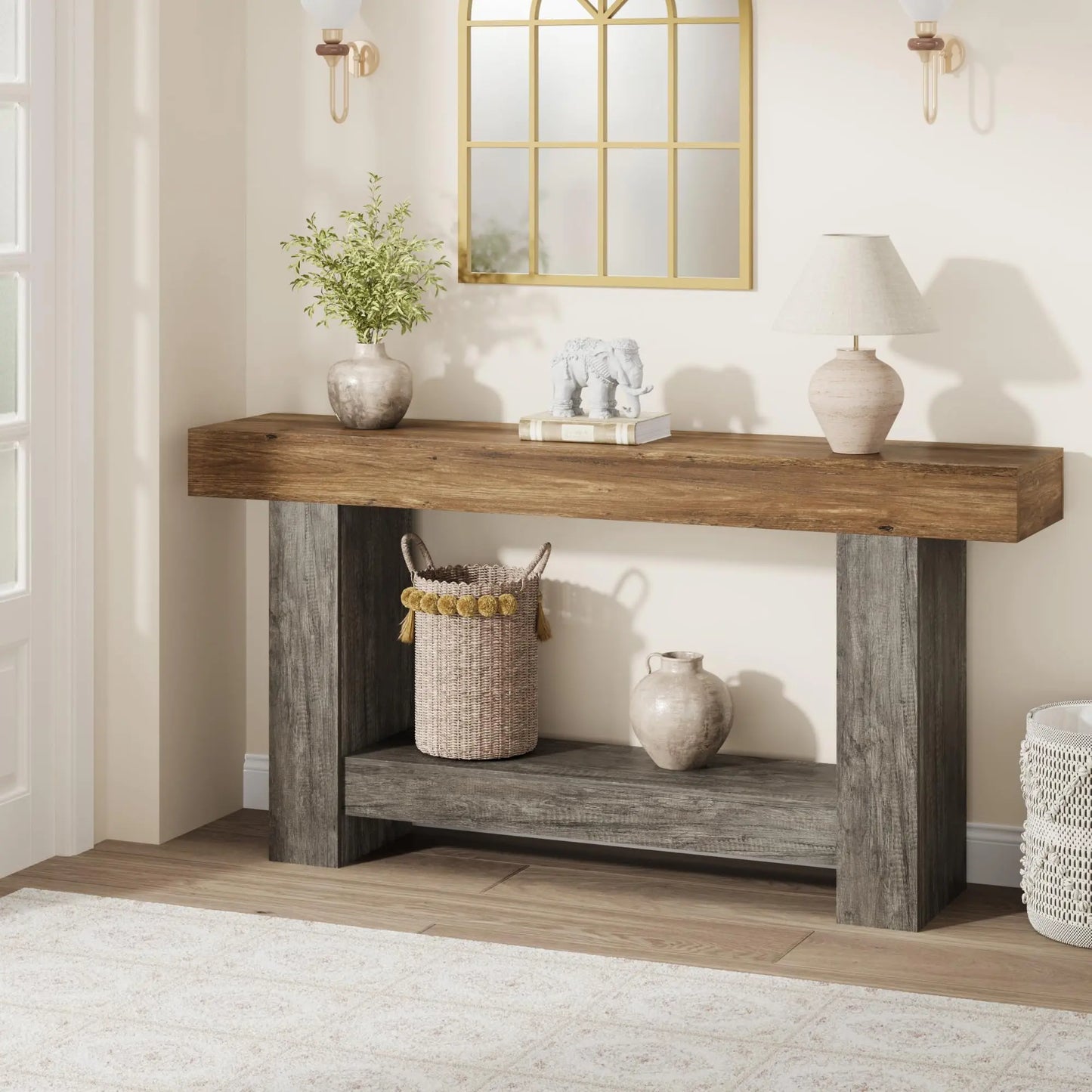 Entryway Console Table, Farmhouse 2-Tier Table with Open Storage, Long Sofa Accent Table for behind Couch, for Entrance Living Room Hallway Foyer (47 in / 63 in ),Dorm Essentials,Home Decor