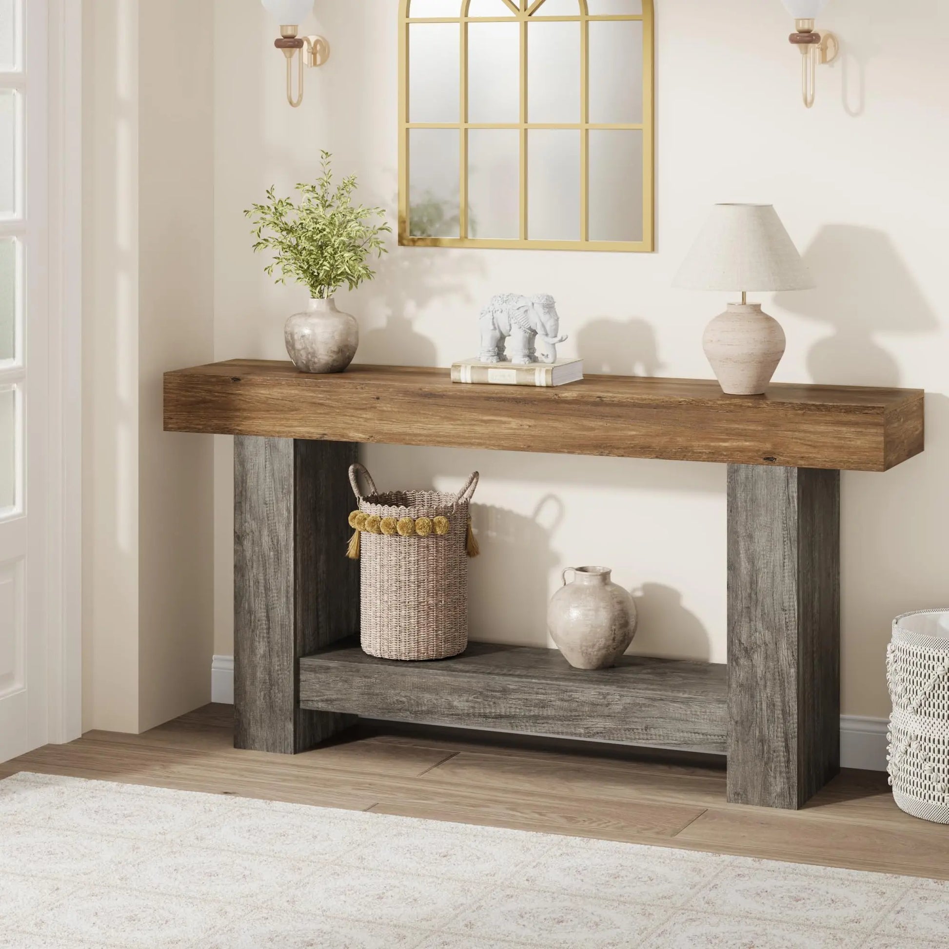 Entryway Console Table, Farmhouse 2-Tier Table with Open Storage, Long Sofa Accent Table for behind Couch, for Entrance Living Room Hallway Foyer (47 in / 63 in ),Dorm Essentials,Home Decor