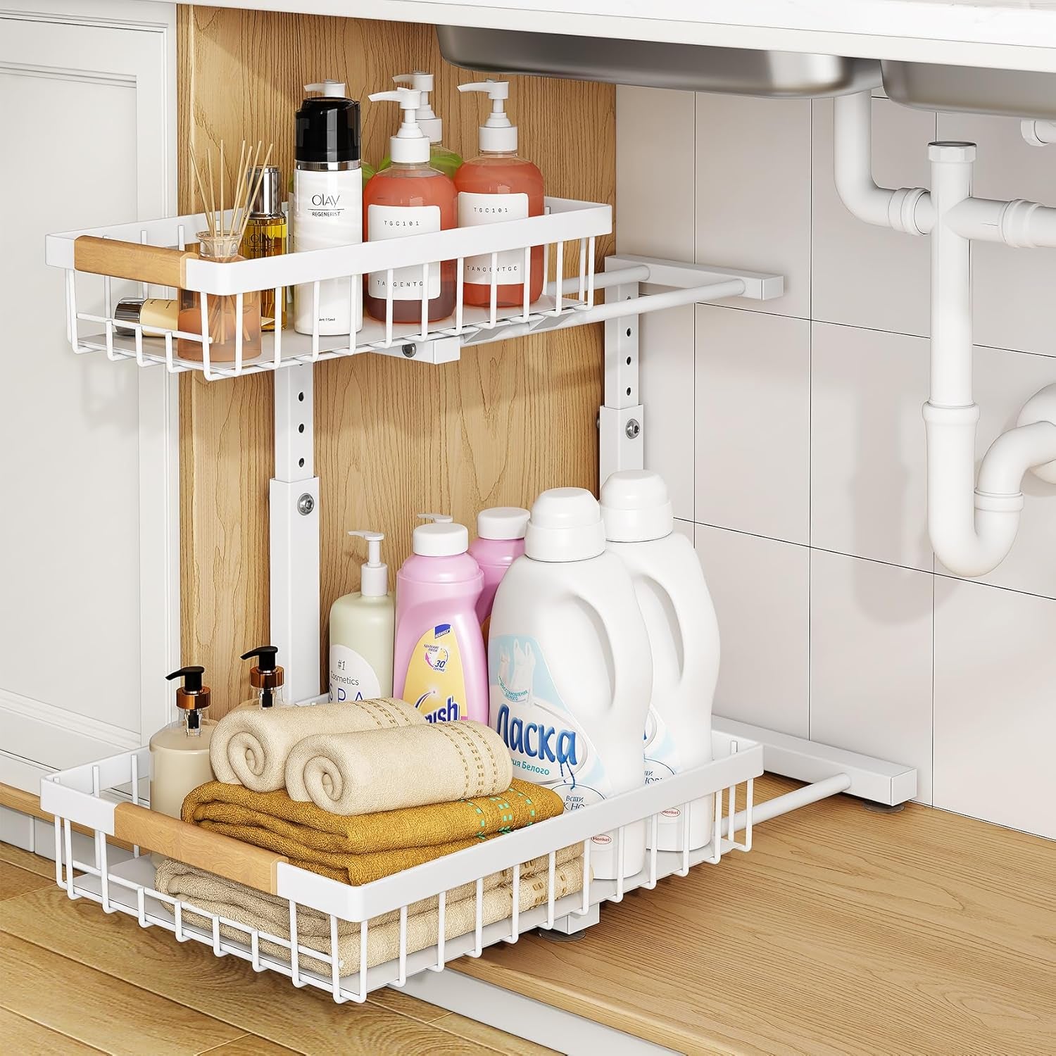 2 Pack under Sink Organizer,Adjustable Height,2 Tier Pull Out under Cabinet Organizer,Slide Out Thickened Metal under Sink Storage for Kitchen Bathroom Laundry Cabinet Pantry,White