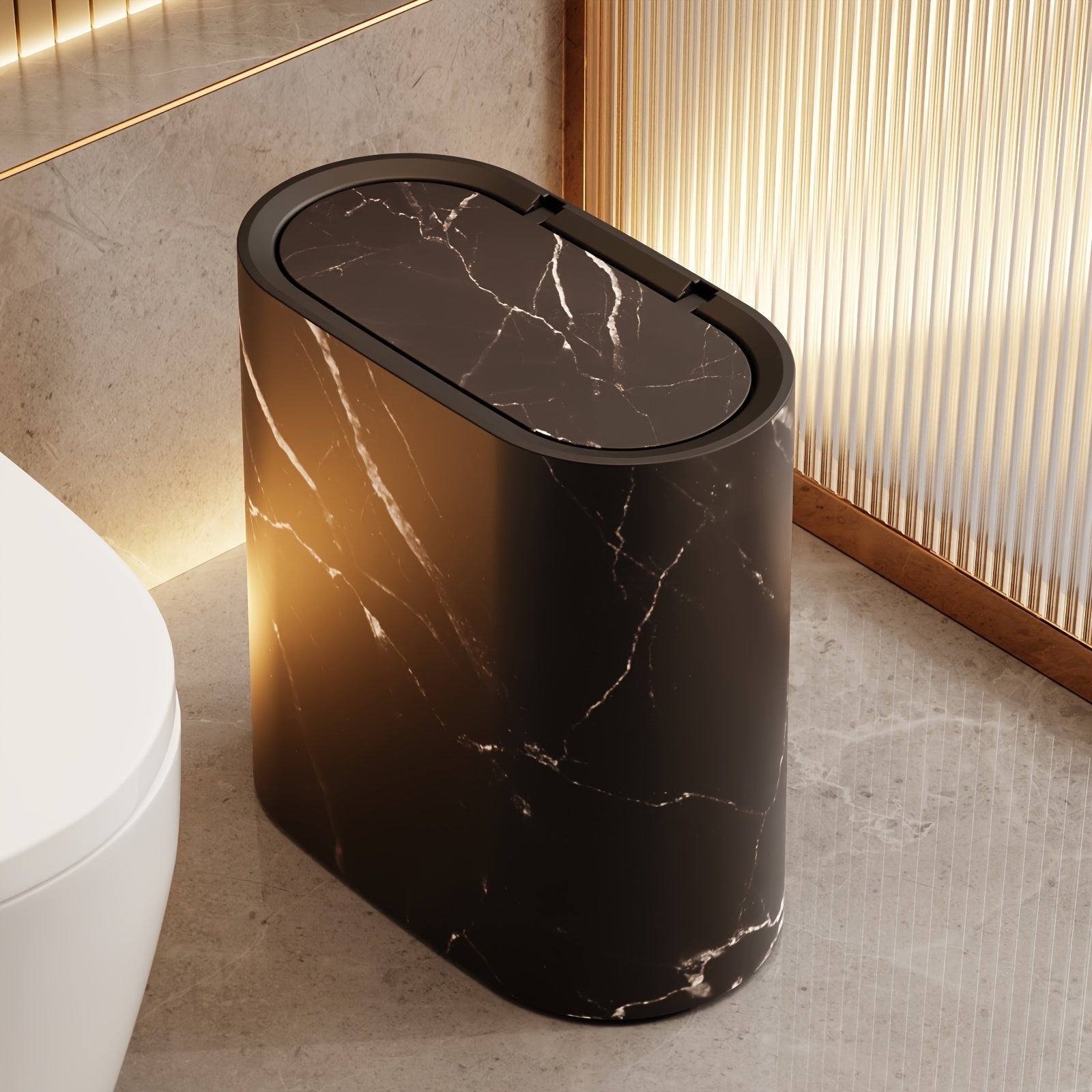 Marble Pattern Bin with Lid – Oval – Space-Saving – Bathroom & Kitchen