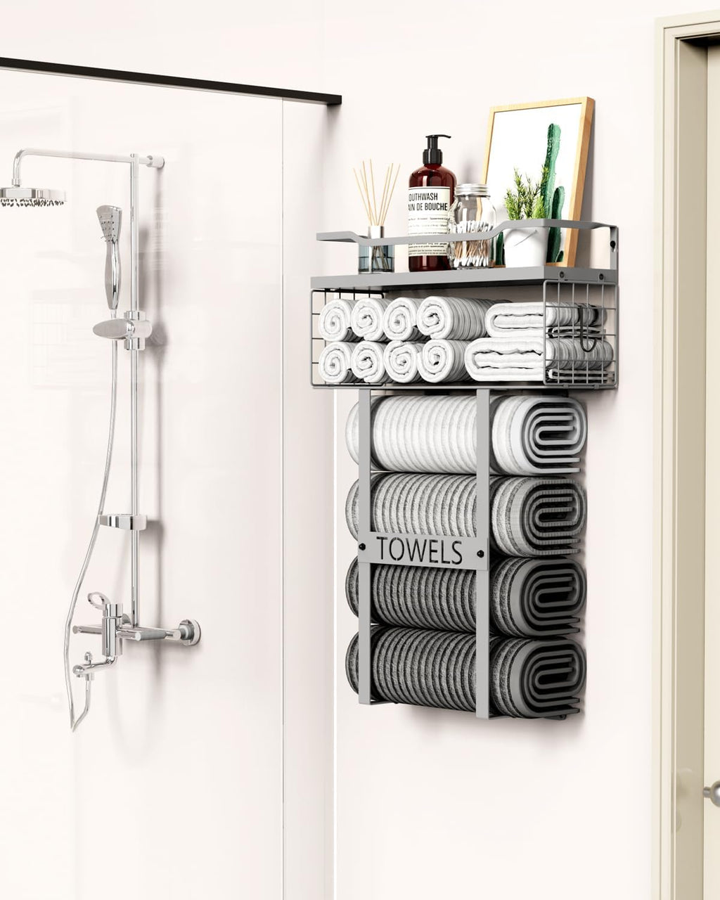 Towel Racks for Bathroom Wall Mounted - Bath Wall Towel Holder Set above Toilet Storage, Rolled Towel Shelf Organizer for Small Bathroom, Wood Vertical Towel Rack for Bathroom Wall Decor Grey