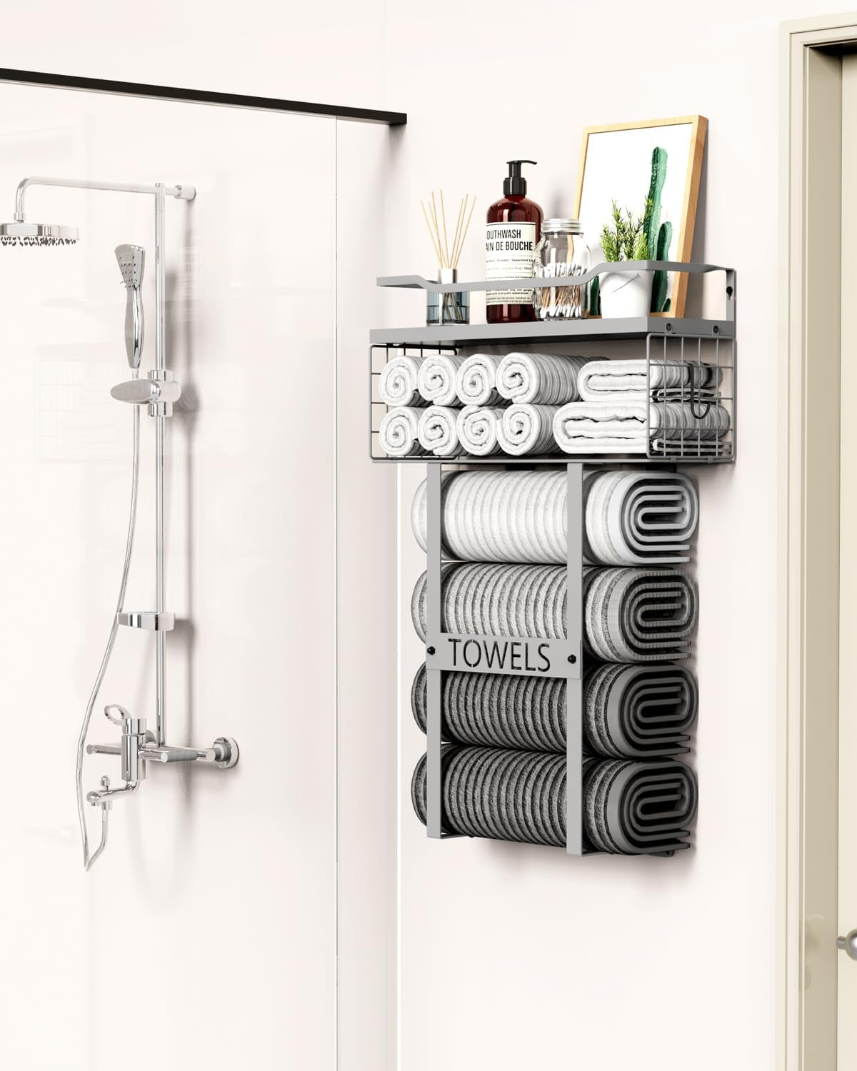 Towel Racks for Bathroom Wall Mounted - Bath Wall Towel Holder Set above Toilet Storage, Rolled Towel Shelf Organizer for Small Bathroom, Wood Vertical Towel Rack for Bathroom Wall Decor Grey