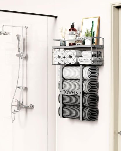 Towel Racks for Bathroom Wall Mounted - Bath Wall Towel Holder Set above Toilet Storage, Rolled Towel Shelf Organizer for Small Bathroom, Wood Vertical Towel Rack for Bathroom Wall Decor Grey