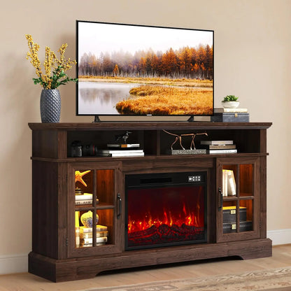 Fireplace TV Stand, Modern Entertainment Center for Tvs up to 70", TV Console with Storage Cabinets &amp; Electric Fireplace, Brown Media Console for Living Room