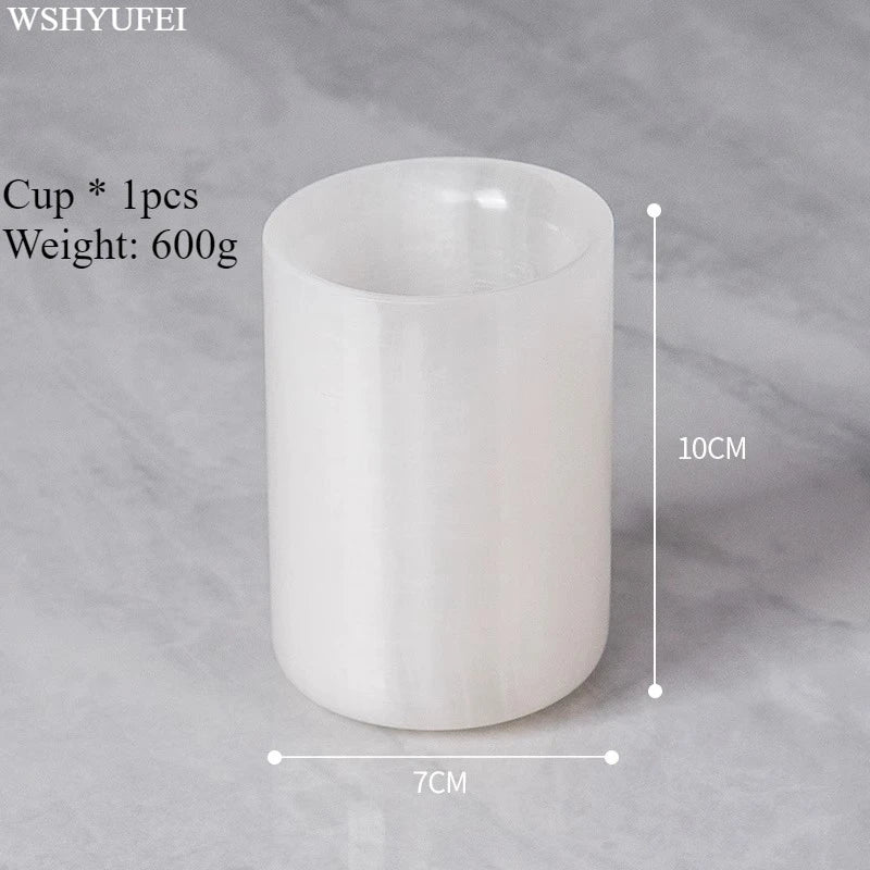 White Jade Stone Bathroom Accessory Set featuring an elegant cup, 10cm high and 7cm wide, made of luxurious white jade.