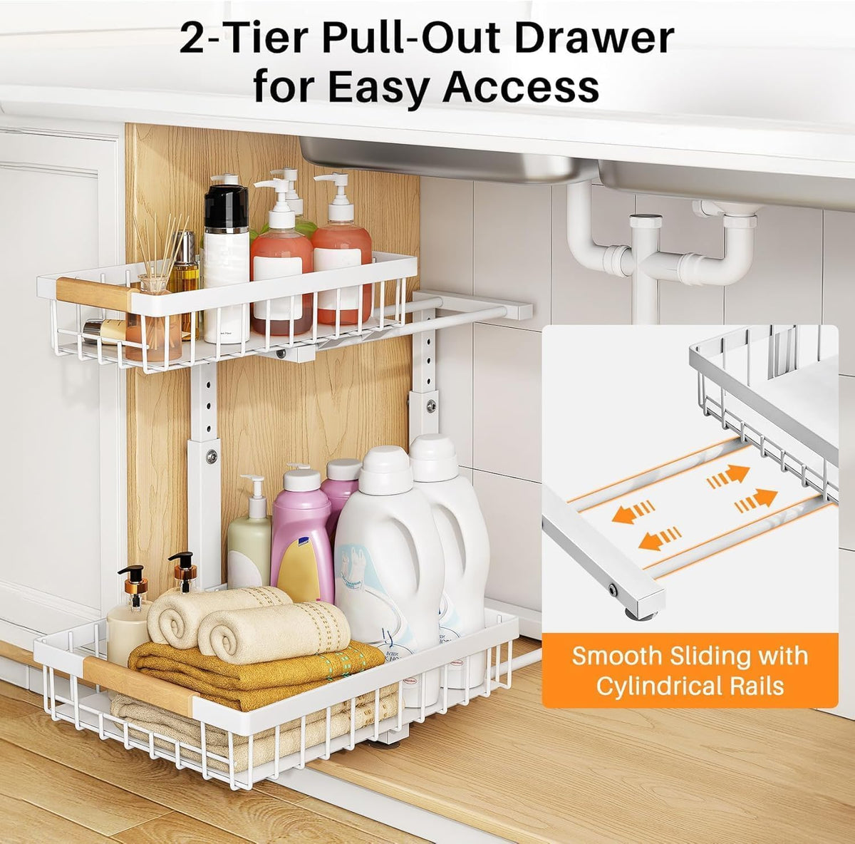 2 Pack under Sink Organizer,Adjustable Height,2 Tier Pull Out under Cabinet Organizer,Slide Out Thickened Metal under Sink Storage for Kitchen Bathroom Laundry Cabinet Pantry,White