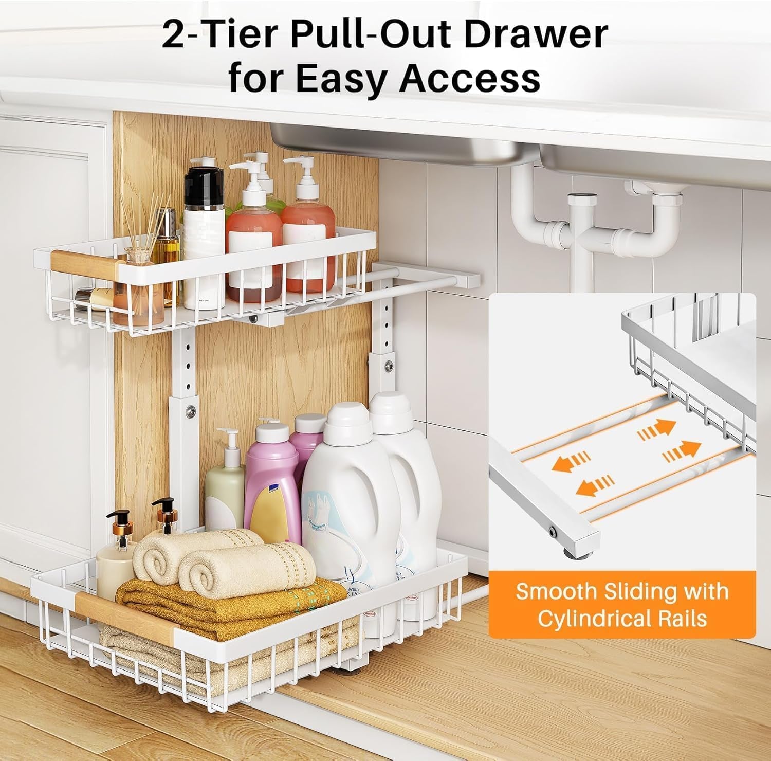 2 Pack under Sink Organizer,Adjustable Height,2 Tier Pull Out under Cabinet Organizer,Slide Out Thickened Metal under Sink Storage for Kitchen Bathroom Laundry Cabinet Pantry,White