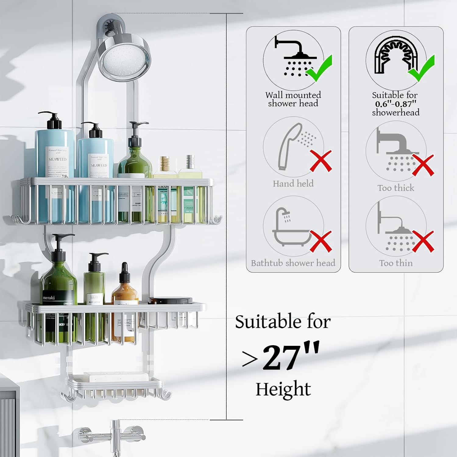 Shower Caddy Hanging - Never Rust Shower Organizer - Aluminum over the Head Caddy with 10 Hooks for Razor/Sponge - Rack with Soap Basket - Silver