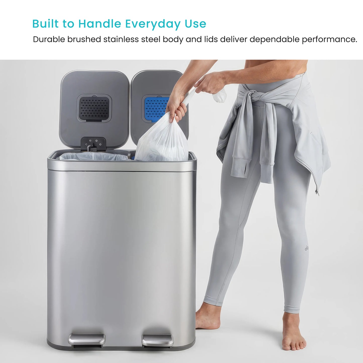 Home Zone Living 13 Gallon Dual Compartment Kitchen Trash Can with Recycling, Soft-Close Lids and Bag Storage, Brushed Stainless Steel, Silver