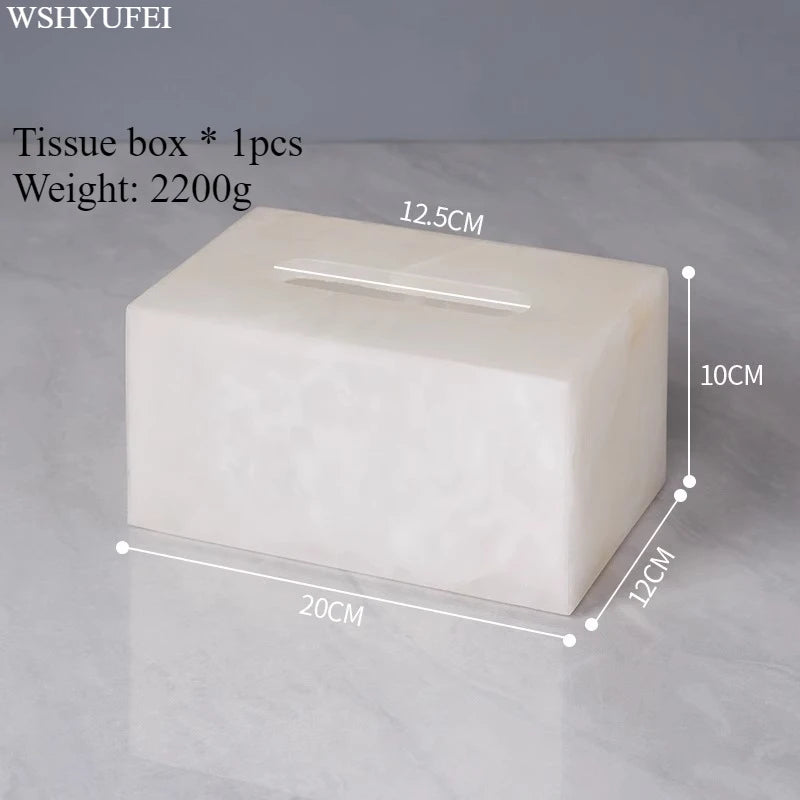 White Jade Stone Bathroom Accessory Set - Elegant resin tissue box, dimensions 20cm x 12cm x 10cm.