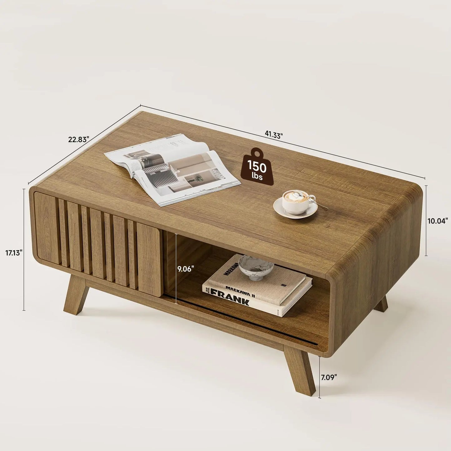 【Summerfinds】Onbrill Coffee Table, Mid Century Modern Table with Storage Compartment, Fluted Table with Sliding Cabinet Door, Farmhouse Wood Coffee Table for Living Room,Dorm Essentials,Home Decor