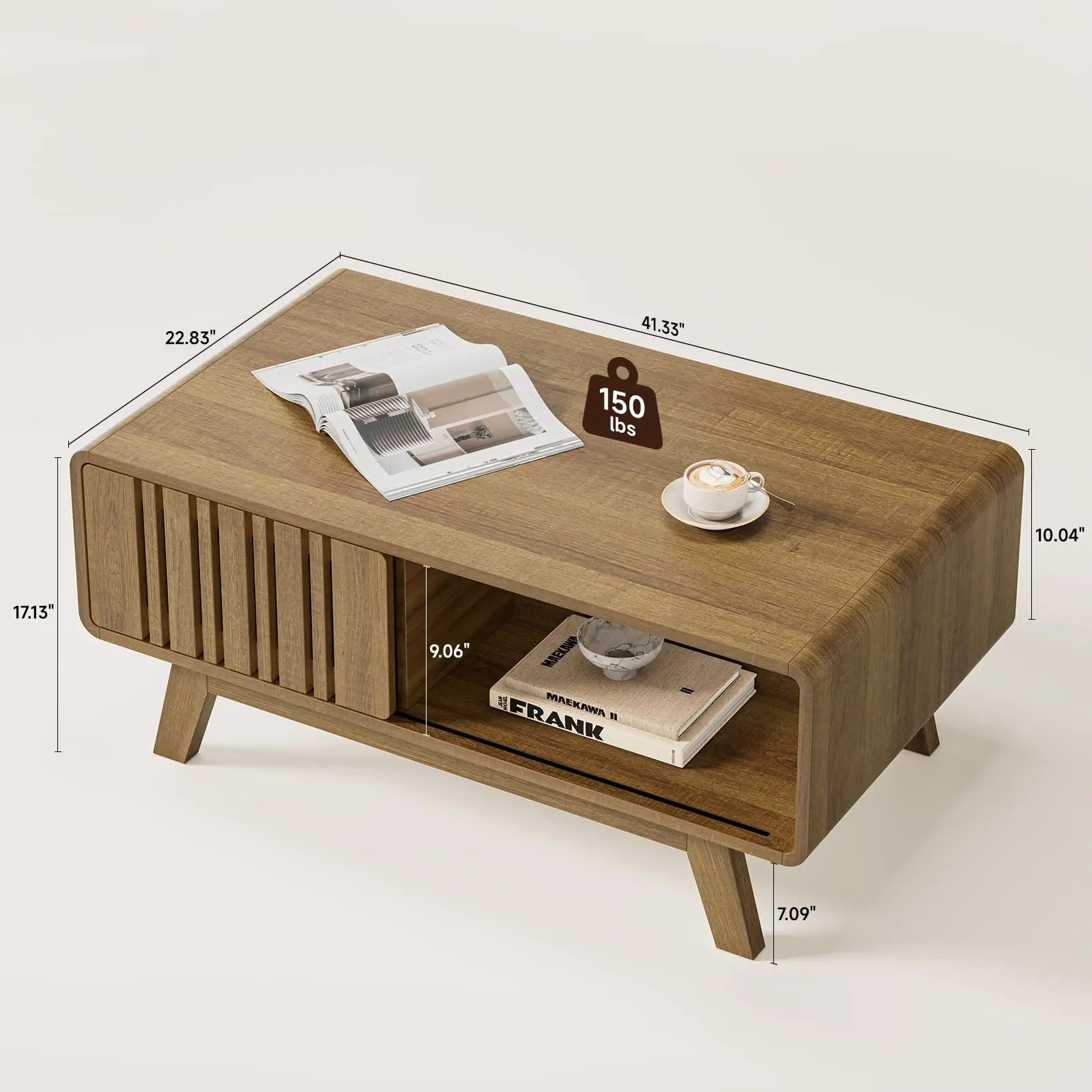 【Summerfinds】Onbrill Coffee Table, Mid Century Modern Table with Storage Compartment, Fluted Table with Sliding Cabinet Door, Farmhouse Wood Coffee Table for Living Room,Dorm Essentials,Home Decor