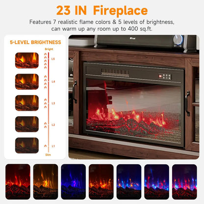 Fireplace TV Stand, Modern Entertainment Center for Tvs up to 70", TV Console with Storage Cabinets &amp; Electric Fireplace, Brown Media Console for Living Room