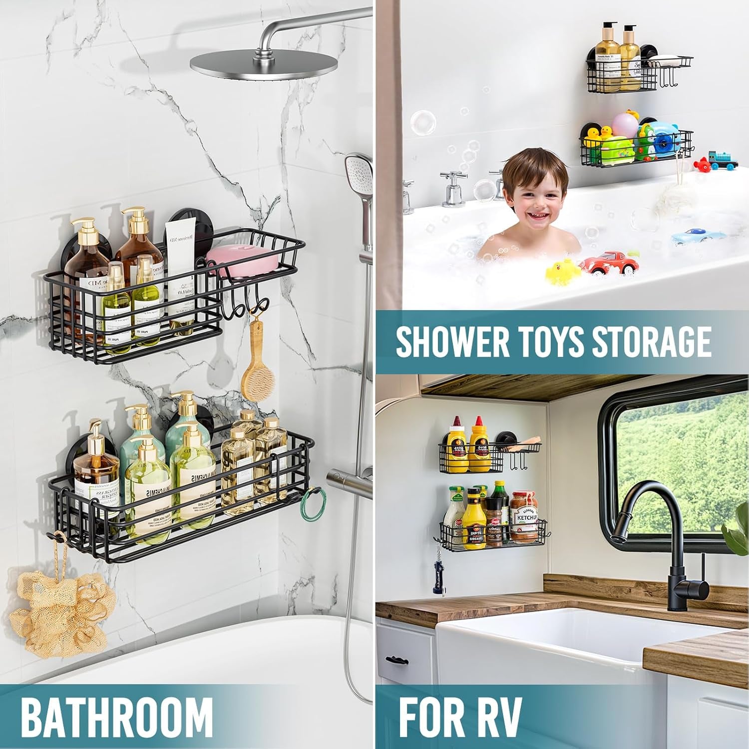 Shower Caddy Suction Cup 2 Pack with Hooks & Soap Holder, Heavy Duty Shower Organizer for Bathroom, No Drilling Bathroom Organizer with Large Capacity, Black Metal Storage Basket