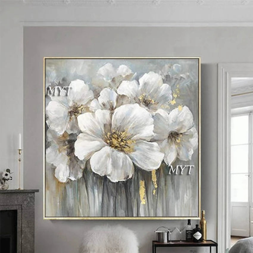 Fancy Home Decor Hot Sale Home Decor Flower Pictures Pieces White Flower Wall Art Oil Paintings Unframed