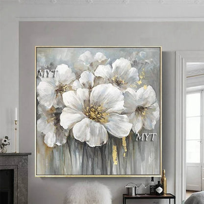 Fancy Home Decor Hot Sale Home Decor Flower Pictures Pieces White Flower Wall Art Oil Paintings Unframed