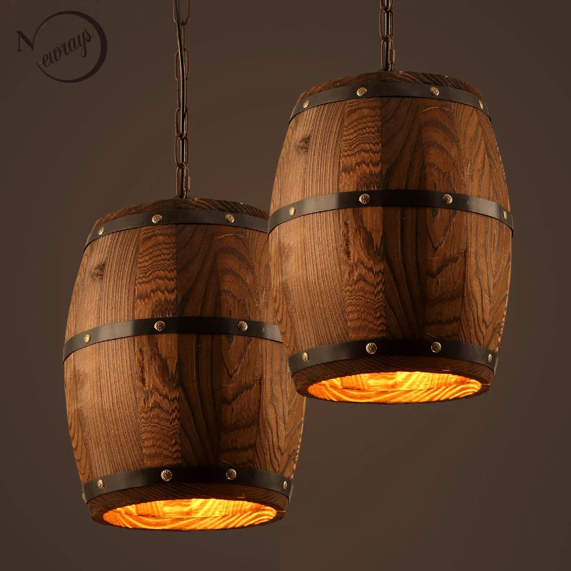Retro Barrel Lamp Solid Wood Wine Barrel Hanging Fixture E27 Living Room Bar Cafe Restaurant Atomasphere Lamp Patio Manor Light