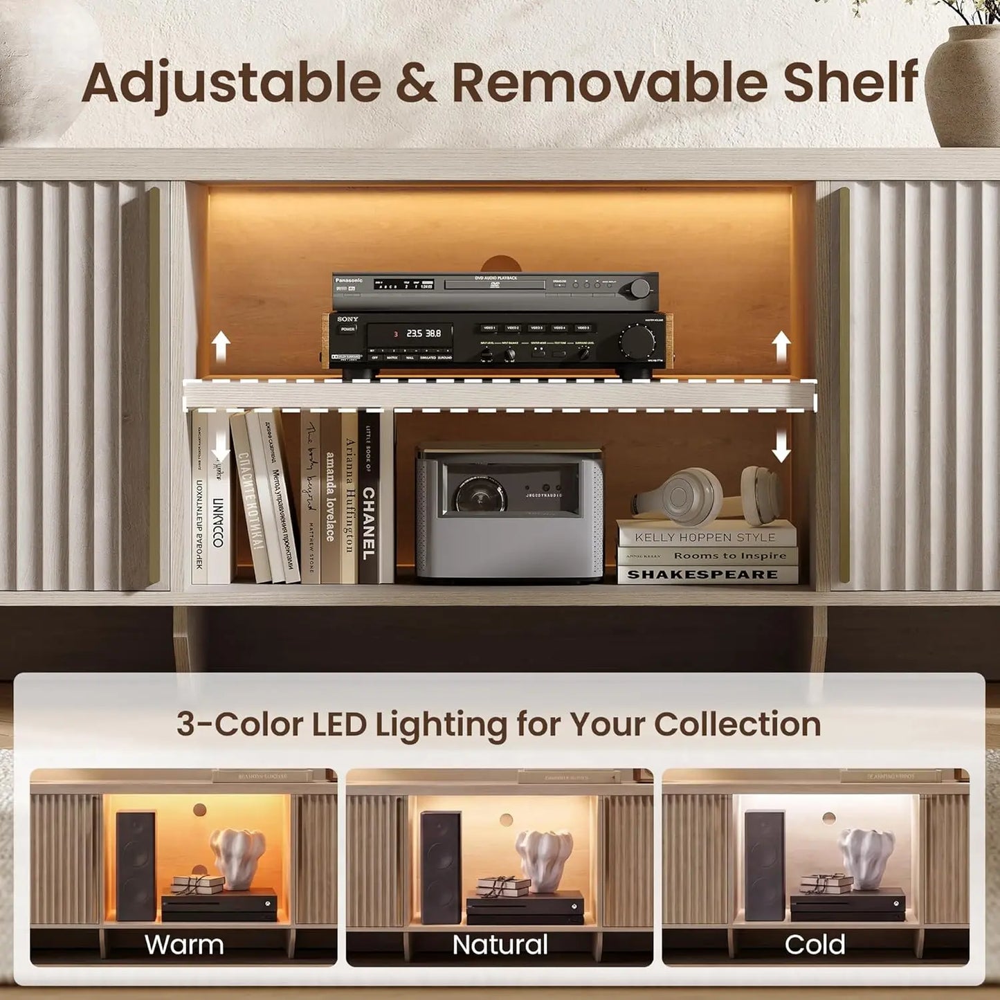 [2 Packages Shipping] Modernmate 70.1" Fluted TV Stand - Entertainment Console with LED Light for up to 80-Inch Tvs, Modern Storage Unit with Adjustable Open Shelf & 2 Cabinets for Living Room, Bedroom, White Alder, Entertainment Tv Stand,Caly
