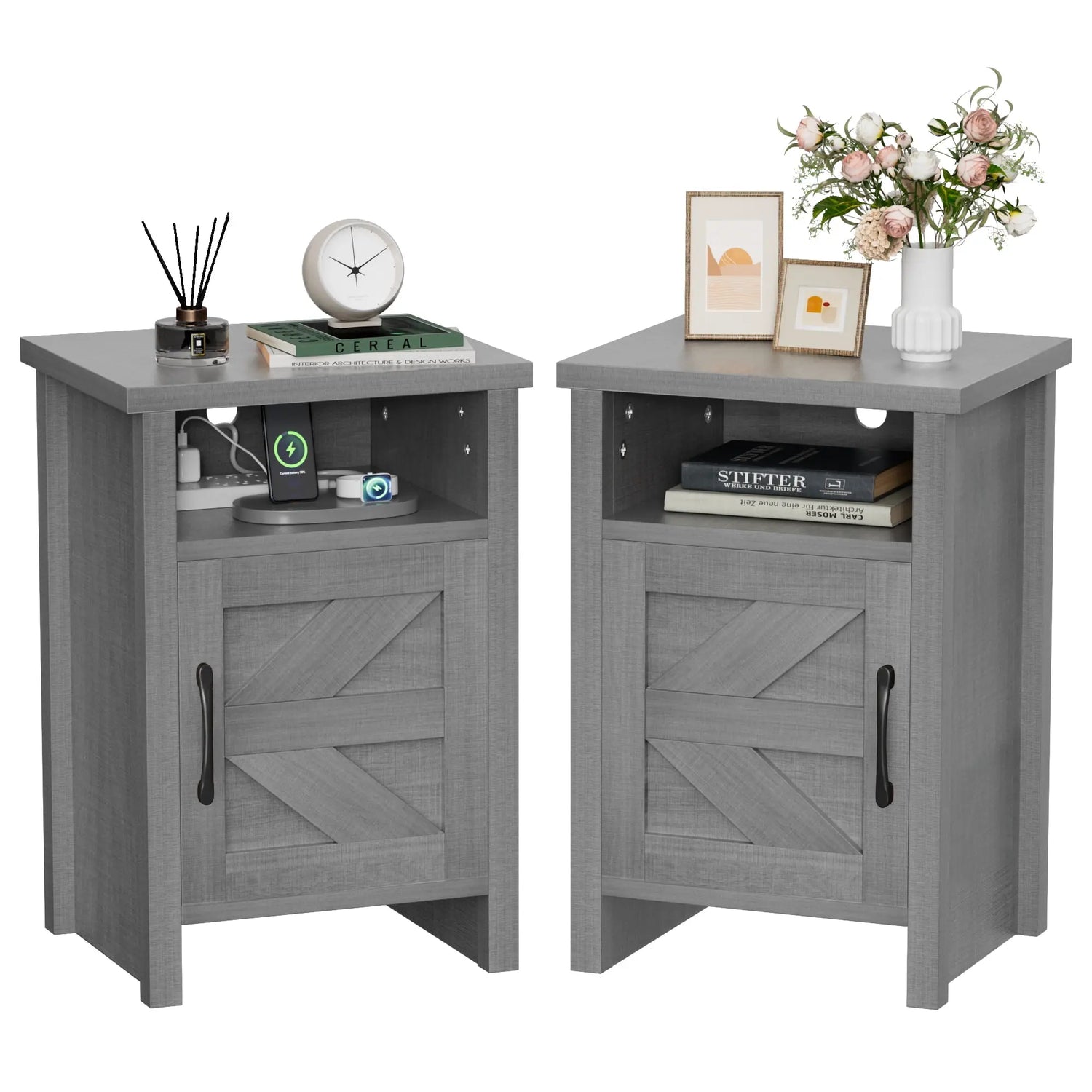Furmax Farmhouse Nightstand Sets of 2, Mdf+Pine Wooden Bedside Cabinets with Open Shelf Storage, Stable Strong Modern Furniture for Bedroom Home Decor Use
