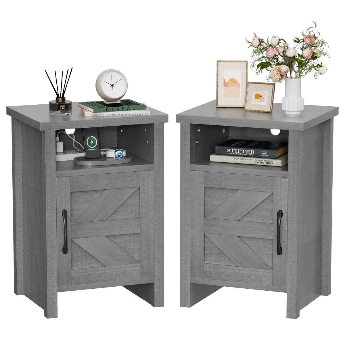 Furmax Farmhouse Nightstand Sets of 2, Mdf+Pine Wooden Bedside Cabinets with Open Shelf Storage, Stable Strong Modern Furniture for Bedroom Home Decor Use
