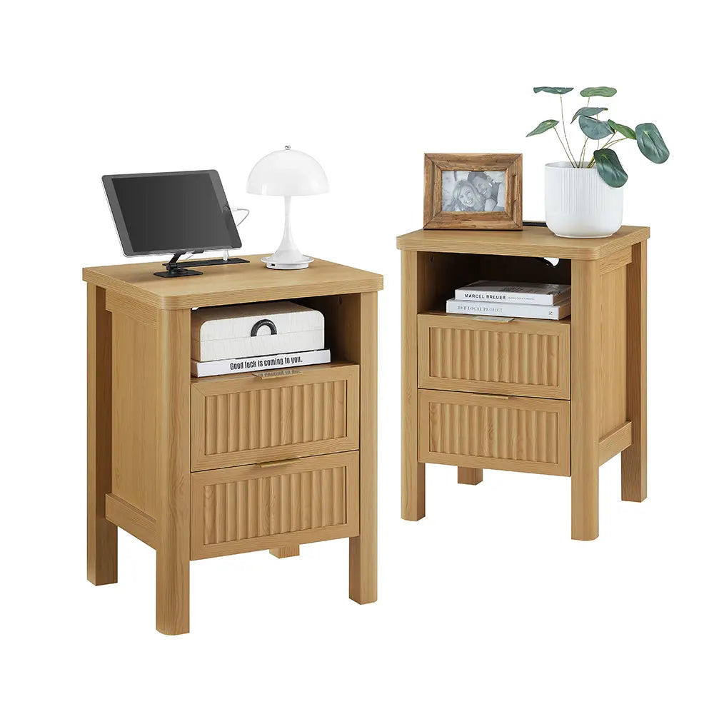 【Summerfinds】Onbrill 2-Piece Bedside Cabinet Set - 23.62" Modern Wood Nightstands with Fluted Panels, Drawers, 2 USB Ports, Glides, Curved Profile, 17.72"W×15.75"D×23.62"H End Tables for Bedroom Decor, Small Spaces,Dorm Essentials,Home Decor