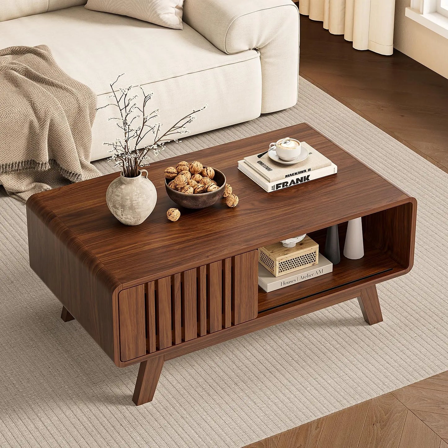 【Summerfinds】Onbrill Coffee Table, Mid Century Modern Table with Storage Compartment, Fluted Table with Sliding Cabinet Door, Farmhouse Wood Coffee Table for Living Room,Dorm Essentials,Home Decor
