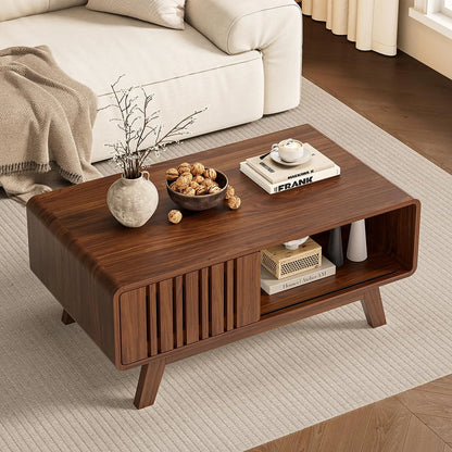 【Summerfinds】Onbrill Coffee Table, Mid Century Modern Table with Storage Compartment, Fluted Table with Sliding Cabinet Door, Farmhouse Wood Coffee Table for Living Room,Dorm Essentials,Home Decor