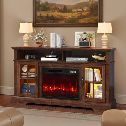 Fireplace TV Stand, Modern Entertainment Center for Tvs up to 70", TV Console with Storage Cabinets &amp; Electric Fireplace, Brown Media Console for Living Room