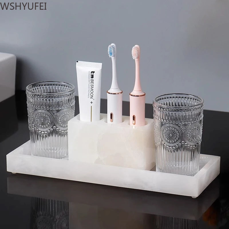 White Jade Stone Bathroom Accessory Set with elegant resin cups and toothbrush holders for modern bathrooms.