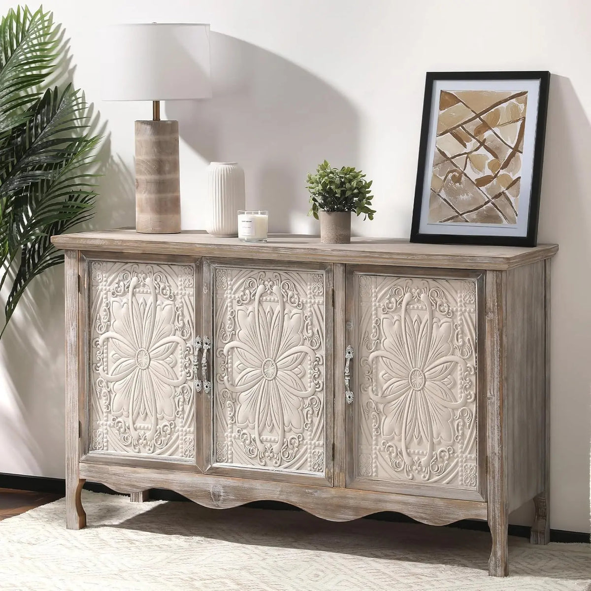【Summervibes】Royalcraft L Farmhouse Sideboard Buffet Cabinet with Storage, 49" Solid Wood Credenza Buffet Table Coffee Bar Wine Bar Storage Cabinet with 3 Doors for Dining Room Living Room Hallway, (Provence Grain)