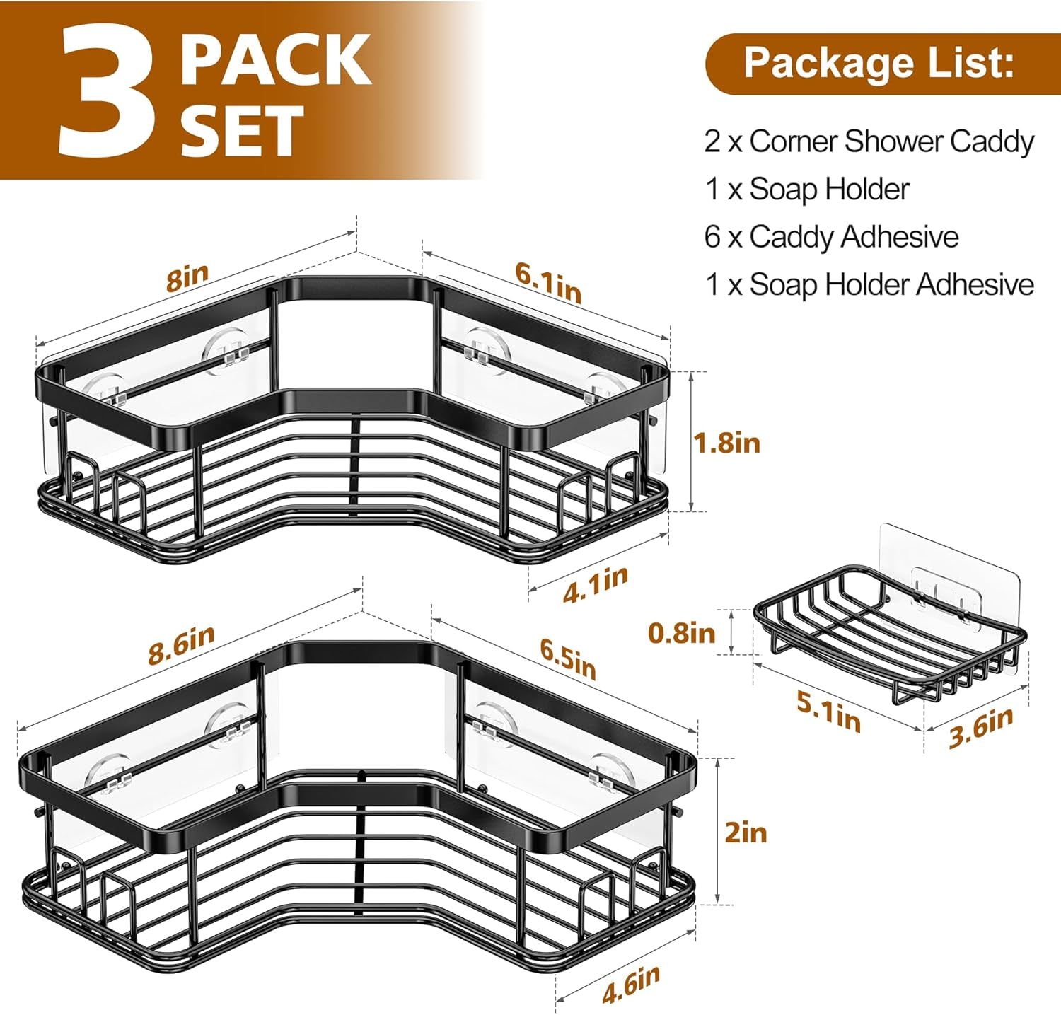 Shower Caddy, 3-Pack Adhesive Stainless Steel Shower Organizer Corner Shower Caddy, Corner Shower Shelf with 8 Hooks, Shower Shelves Storage Shower Shelf for inside Shower, Black
