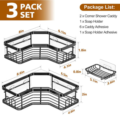 Shower Caddy, 3-Pack Adhesive Stainless Steel Shower Organizer Corner Shower Caddy, Corner Shower Shelf with 8 Hooks, Shower Shelves Storage Shower Shelf for inside Shower, Black