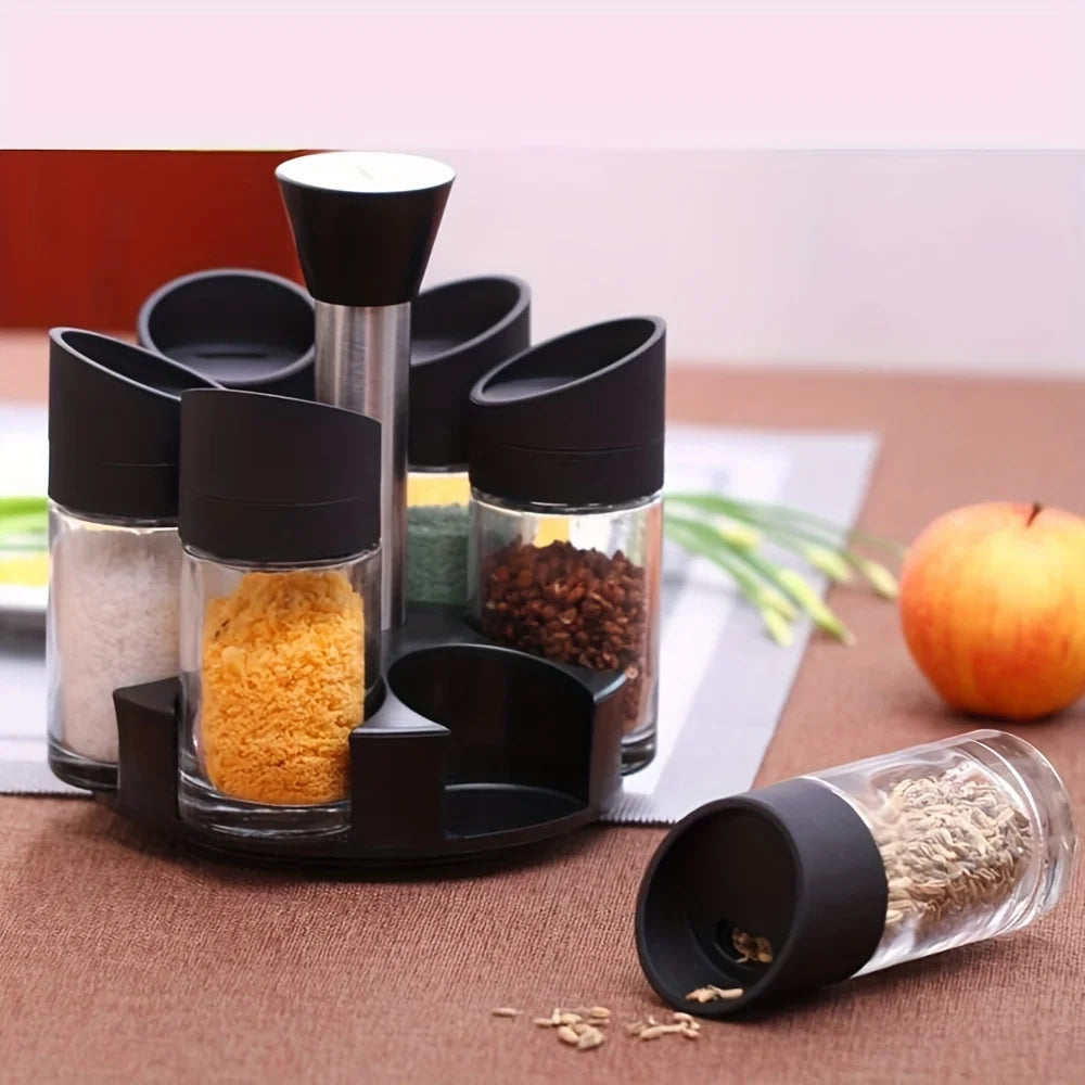 6-Jar Revolving Spice Rack, Spices and Seasonings Sets with Rack, Countertop Seasoning Organizer Spice Pots Storage Container