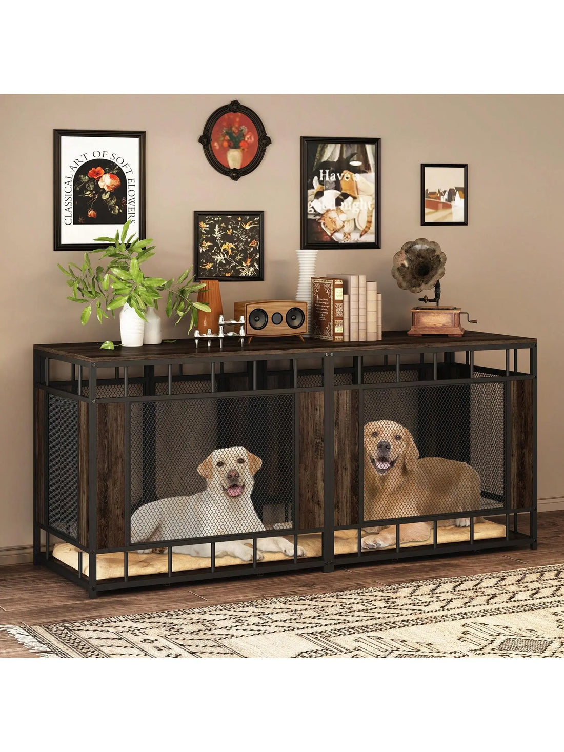 FUFU&GAGA 70.9" Large Double Dog Crate Furniture, Heavy Duty Dog Crate Kennel Furniture for 2-4 Dogs, Wooden Dog Crates Furniture