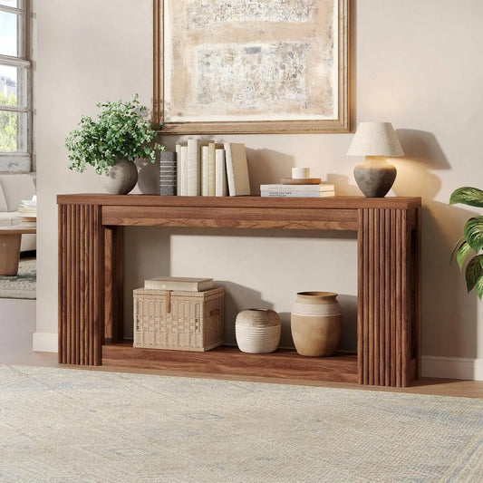 [Summergarden] Vabches Fluted Wooden Console Table with 2 Storage, 71 Inches Rectangular Entryway Table behind the Couch, Farmhouse Boho Sofa Table for Entrance, Hallway, Living Room (Black)