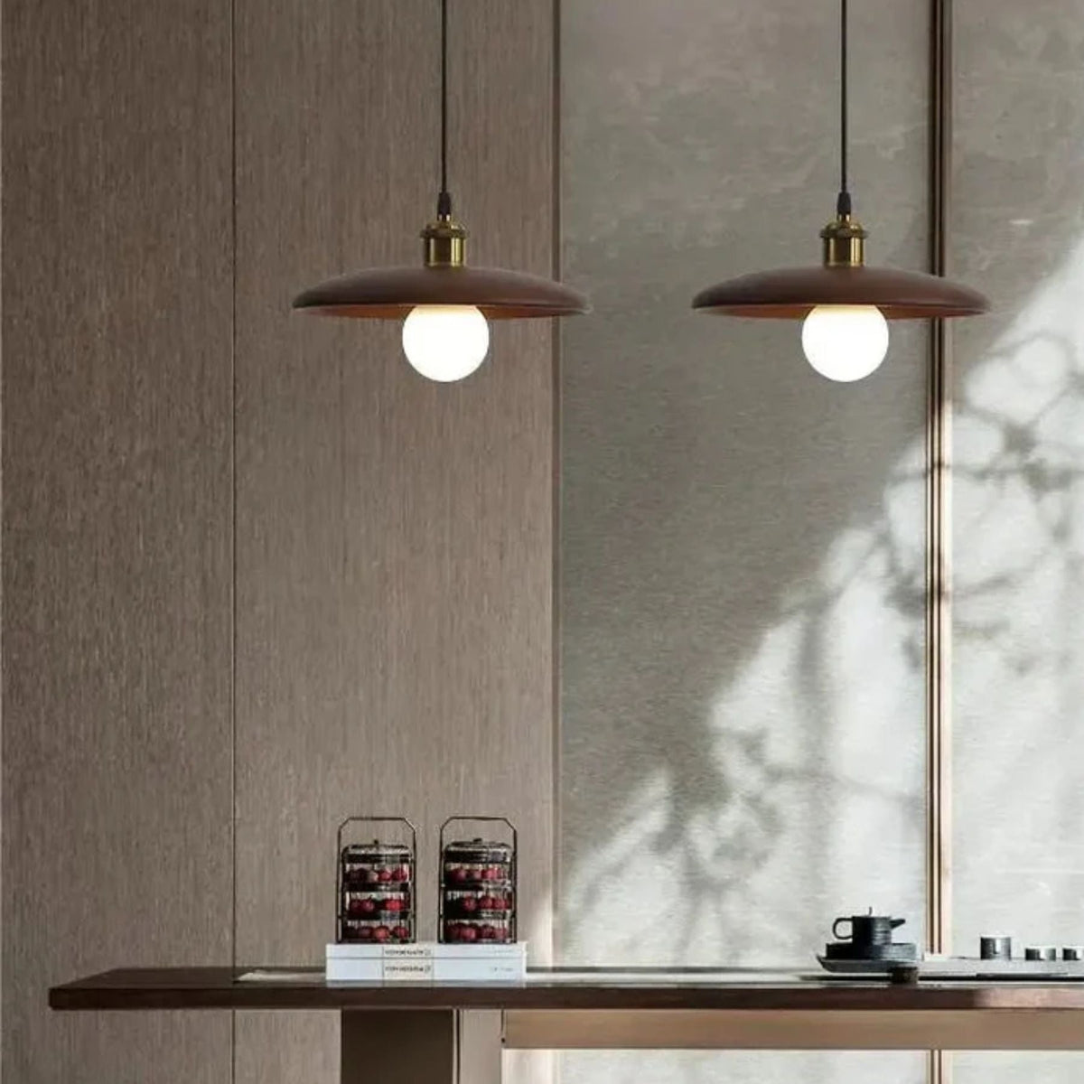 Wooden Pendant Light Japandi Design Brass Details