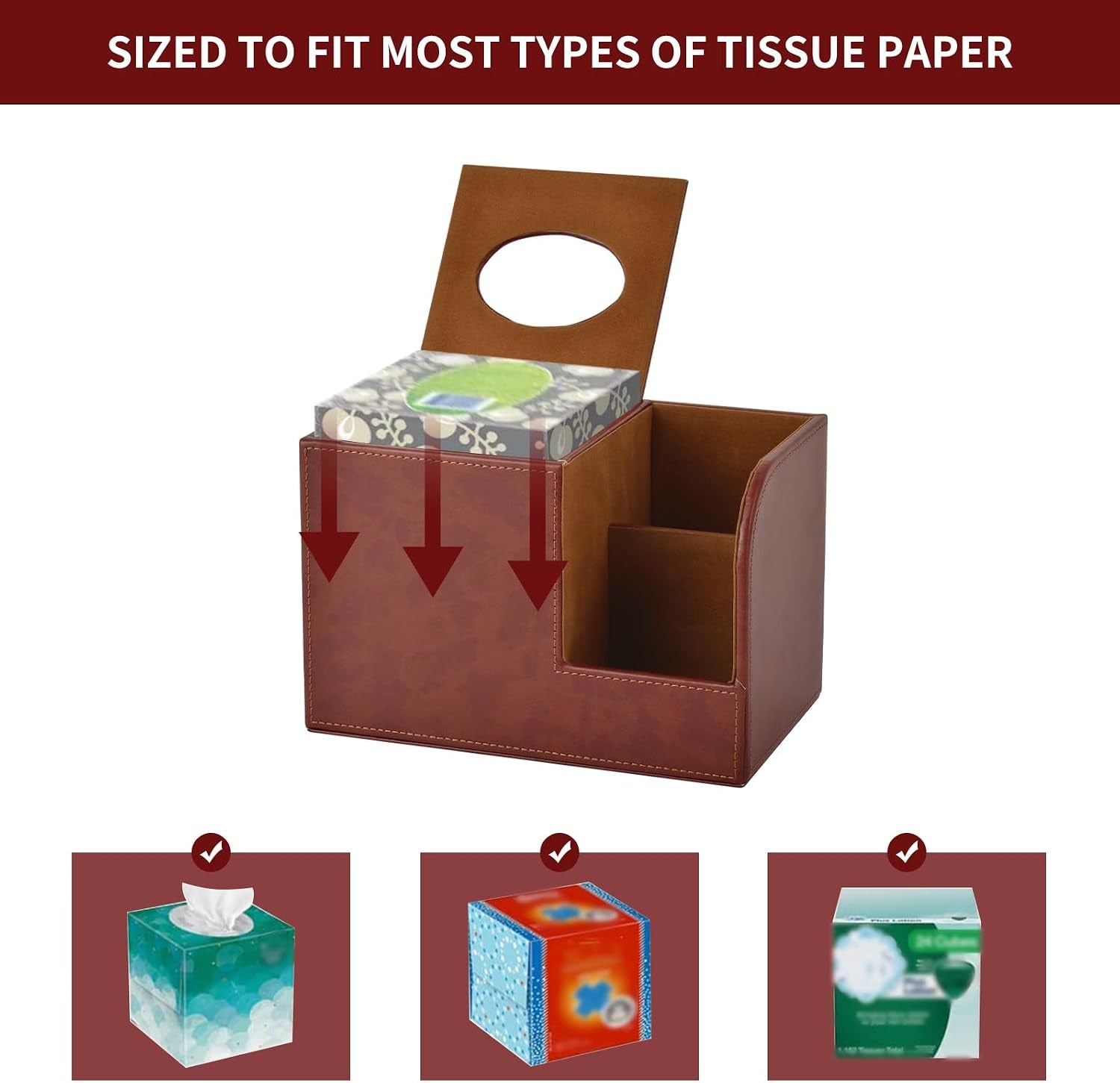 PU Leather Square Tissue Box Cover,Multifunctional Tissue Box Holder,Tissue Box with Storage,Tissue and Remote Control Holder,Tissue Box Decorative Desk Organizer for Home&Office,Brown