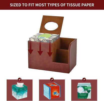 PU Leather Square Tissue Box Cover,Multifunctional Tissue Box Holder,Tissue Box with Storage,Tissue and Remote Control Holder,Tissue Box Decorative Desk Organizer for Home&Office,Brown