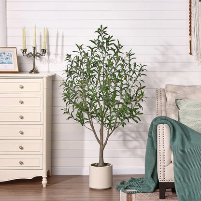 Verinatural 5FT Artificial Olive Tree with Remote LED Spotlights – Realistic Faux Olive Tree in White Planter for Indoor Home, Living Room, Bedroom & Office Decor (VN214)