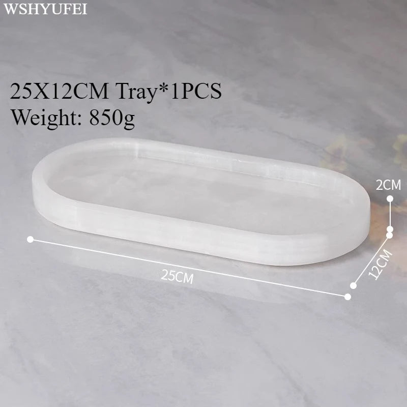White Jade Stone Bathroom Accessory Set featuring an elegant 25x12cm tray, perfect for modern bath decor.