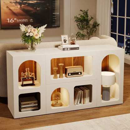 LITTLE TREE 59" White Console Table, Modern Entryway Table, Wooden Storage Organizer Entrance Table with 6 Compartments, Long Sofa Table, behind Couch Table with Storage for Living Room, Hallway, Foyer Arched Shelf