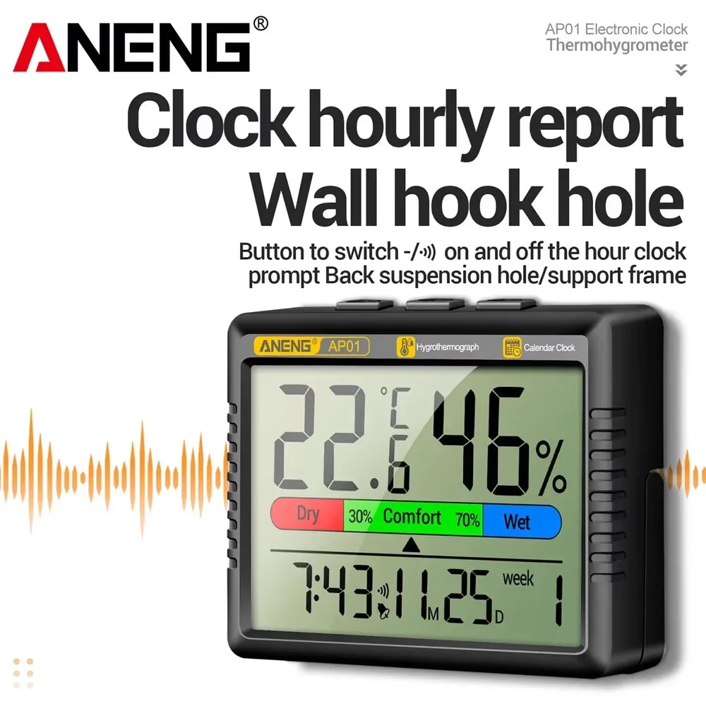 Thermometer Hygrometer Clock Cute Indoor Temperature Humidity Air Alarm Clock Calendar Week Display  AP01 for Home Office